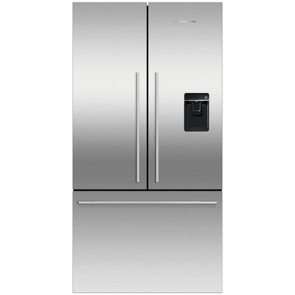 Stainless steel refrigerator with water and ice dispenser on a white background