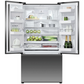 Open refrigerator with various food items inside on a white background