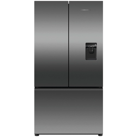 Stainless steel refrigerator with water and ice dispenser on a white background