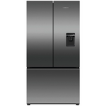 Stainless steel refrigerator with water and ice dispenser on a white background