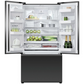 Open refrigerator with various food items inside on a white background