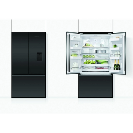 Modern black refrigerator with open door displaying interior contents on a white background
