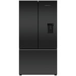 Black American style fridge/ freezer with water and ice dispenser on a white background