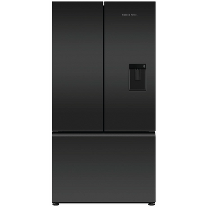 Black American style fridge/ freezer with water and ice dispenser on a white background
