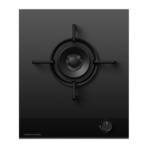 Black gas stove with Fisher & Paykel branding.