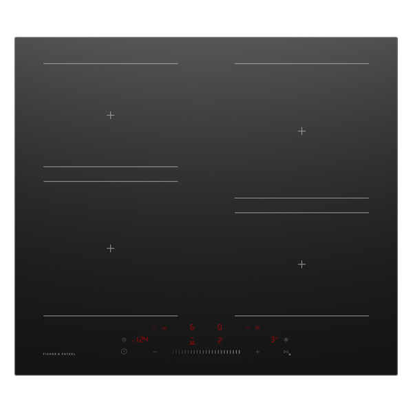 Black induction cooktop with digital display on a white background