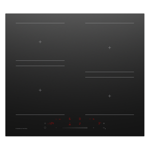 Black induction cooktop with digital display on a white background