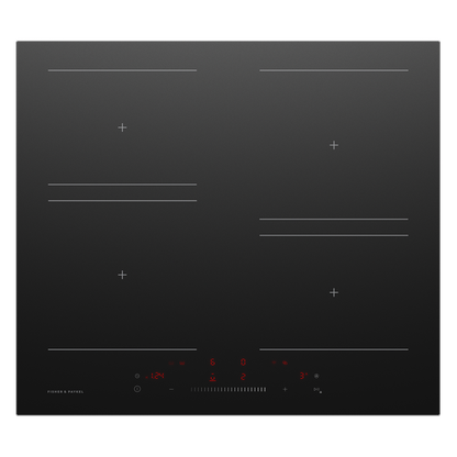 Black induction cooktop with digital display on a white background