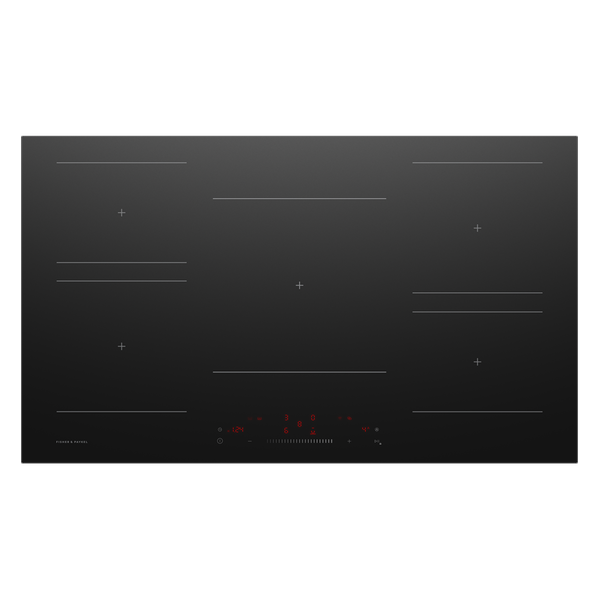 Black induction cooktop with digital display on a white background
