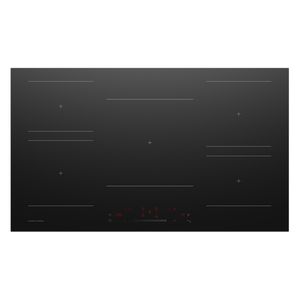 Black induction cooktop with digital display on a white background